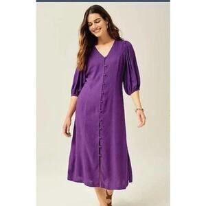 J. Jill Purple Midi Dress LP Large Short Button Front Sleeves NWT